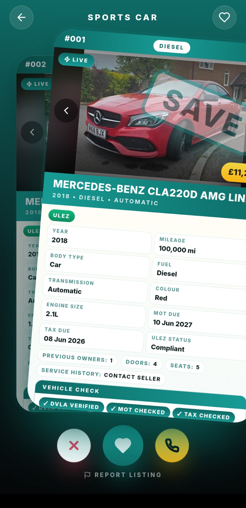 tradecars247 app — Mercedes-Benz CLA listing with full DVLA vehicle check