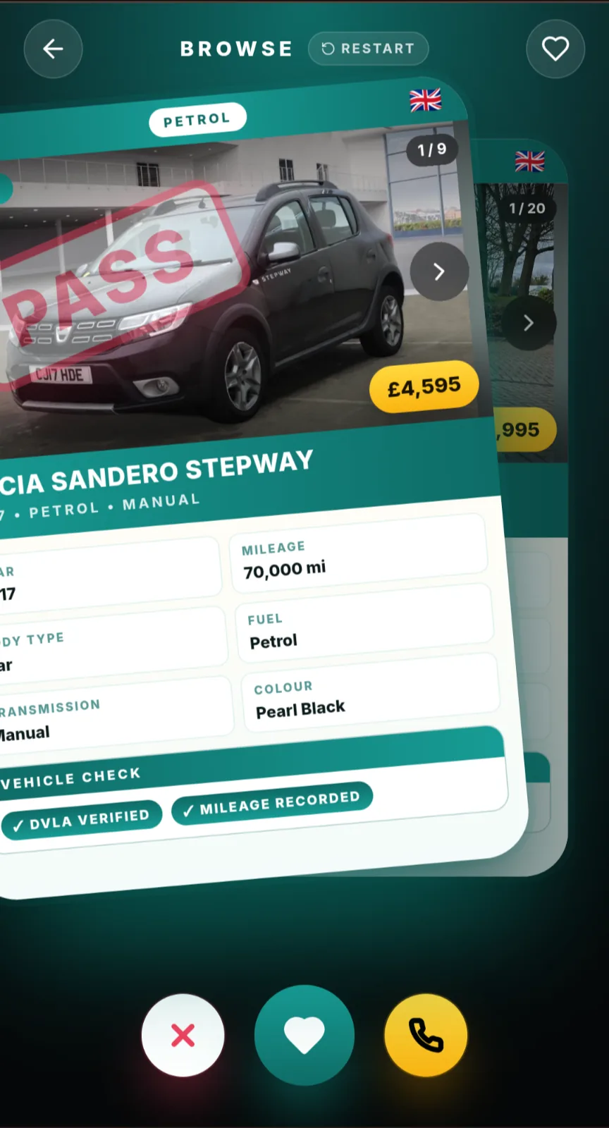 tradecars247 app — swipe to pass on a Dacia Sandero listing